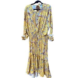 Johanna Ortiz x H&M The Betsy Dress Ruffles Yellow Birds Aviary Print Boho Sz L